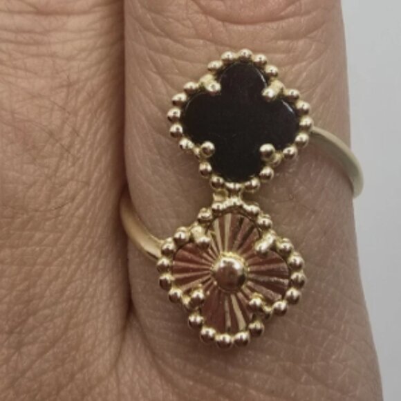 14k Solid Yellow Gold Clover/Flower Onyx Bypass Ring Size 8.5 - Picture 13 of 13